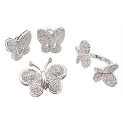 18ct white gold pave set diamond butterfly suite including ring, pair of stud earrings and brooch, all stamped 750
