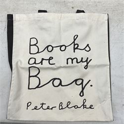 Peter Blake (British 1932-): 'H' and 'E' Postcards from 'An Alphabet' series, signed; together with two posters 'Peter Blake - Sculpture and Other Matters' and 'Under Milk Wood', and a 'Books are my Bag' tote bag (5)