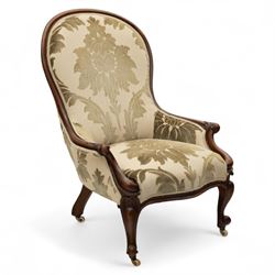 Victorian mahogany framed spoon back armchair, the shaped and padded back over serpentine ...
