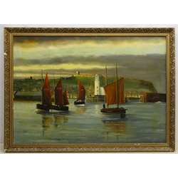  Robert Sheader (British 20th century): Fishing Boats in Scarborough Harbour at Dusk, oil on canvas signed 70cm x 100cm  