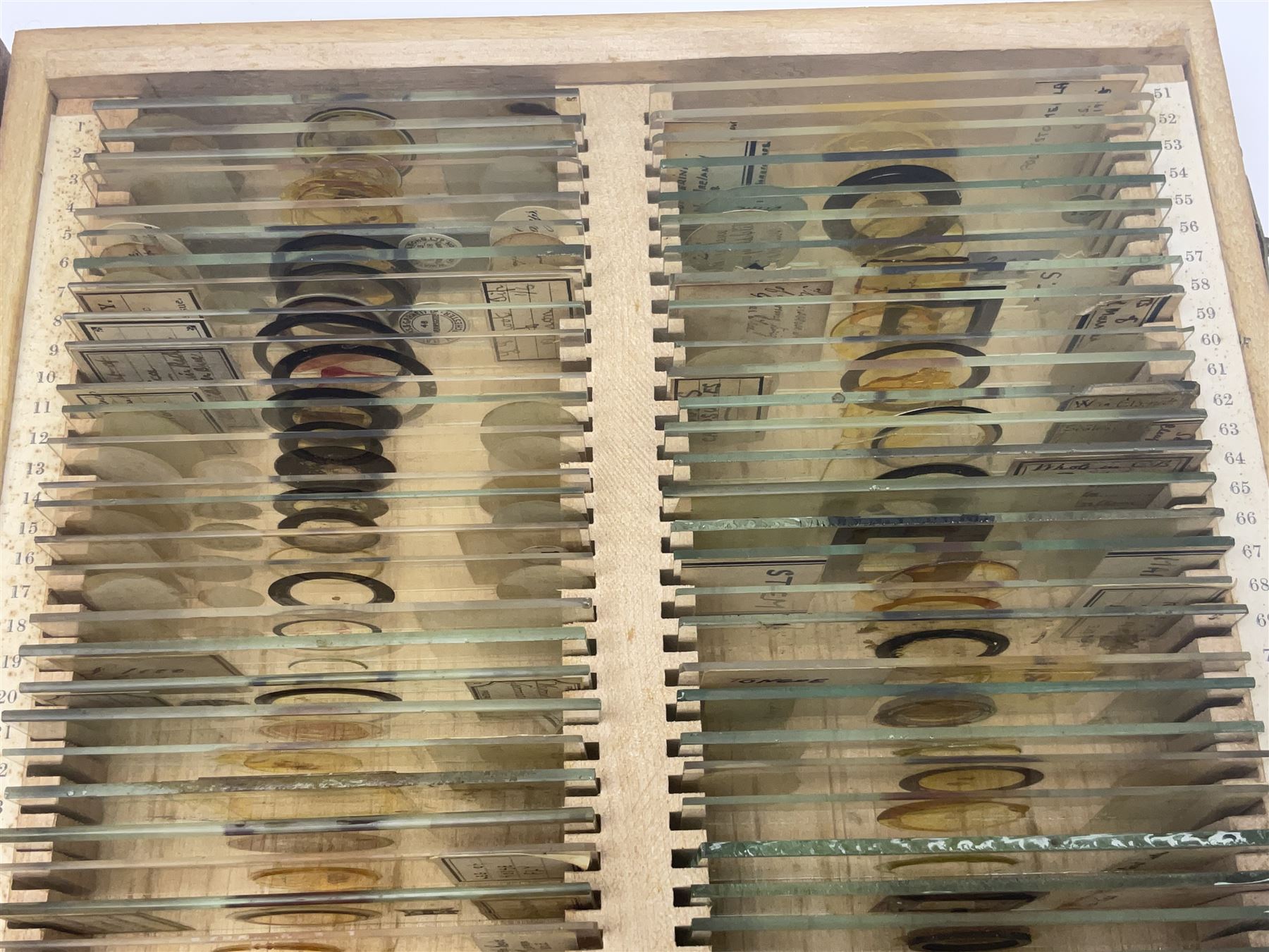 R & J Beck London microscope, model 7597, contained in fitted case, together with a boxed collection of glass microscope biological sample slides