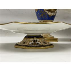 Devonport imari pattern comport set, comprising two tall comports and three low comports, together with twin handled pedestal ovoid vase, decorated with landscape with gilt swan handles, vase H25cm