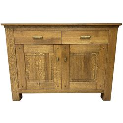 20th century medium oak sideboard, fitted with two drawers over two panelled cupboards, on square feet