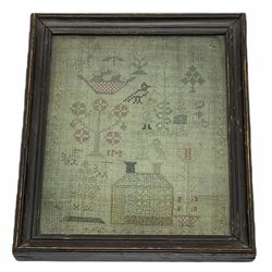 Small Victorian sampler, worked with house and other motifs including birds and flowers, within a strawberry vine border, framed and glazed, overall H22cm W18cm