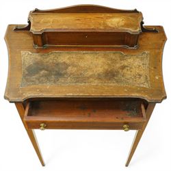 Edwardian inlaid mahogany ladies writing desk, shaped top surmounted with lidded stationary compartment, above a singular drawer, on slender tapering supports