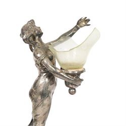 Art Nouveau pewter centre piece, modelled as a female figure upon a circular base raised  on four whiplash feet (a/f),  H28cm 