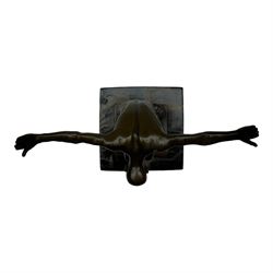 Bronze figure after Milo, Power Of Silence, modelled as a male athlete crouched with arms outstretched, signed Milo with foundry mark, upon a marble plinth, H15cm