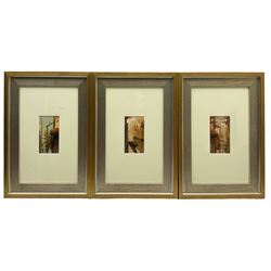 Amedeo Alzeni (Italian contemporary): Venetian Canal Scenes, set three oils on board signed, labelled verso 12.5cm x 6.5cm (3)