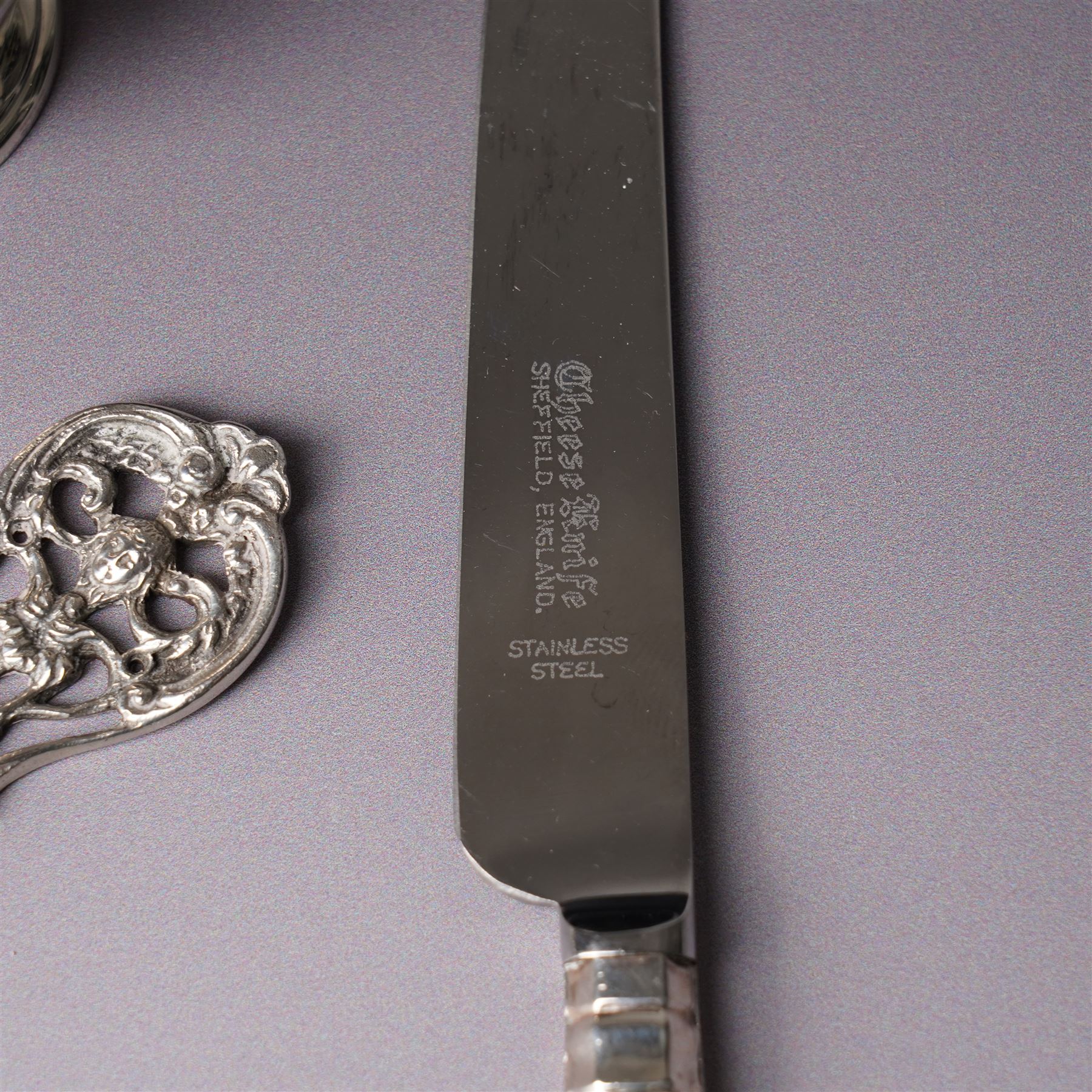 Silver three piece condiment set London 1973-1976 Maker C J Vander Ltd, George III silver sauce ladle London 1798, five silver coffee spoons, Dutch pierced silver server, silver handled knife, silver handled magnifying glass and small silver dish