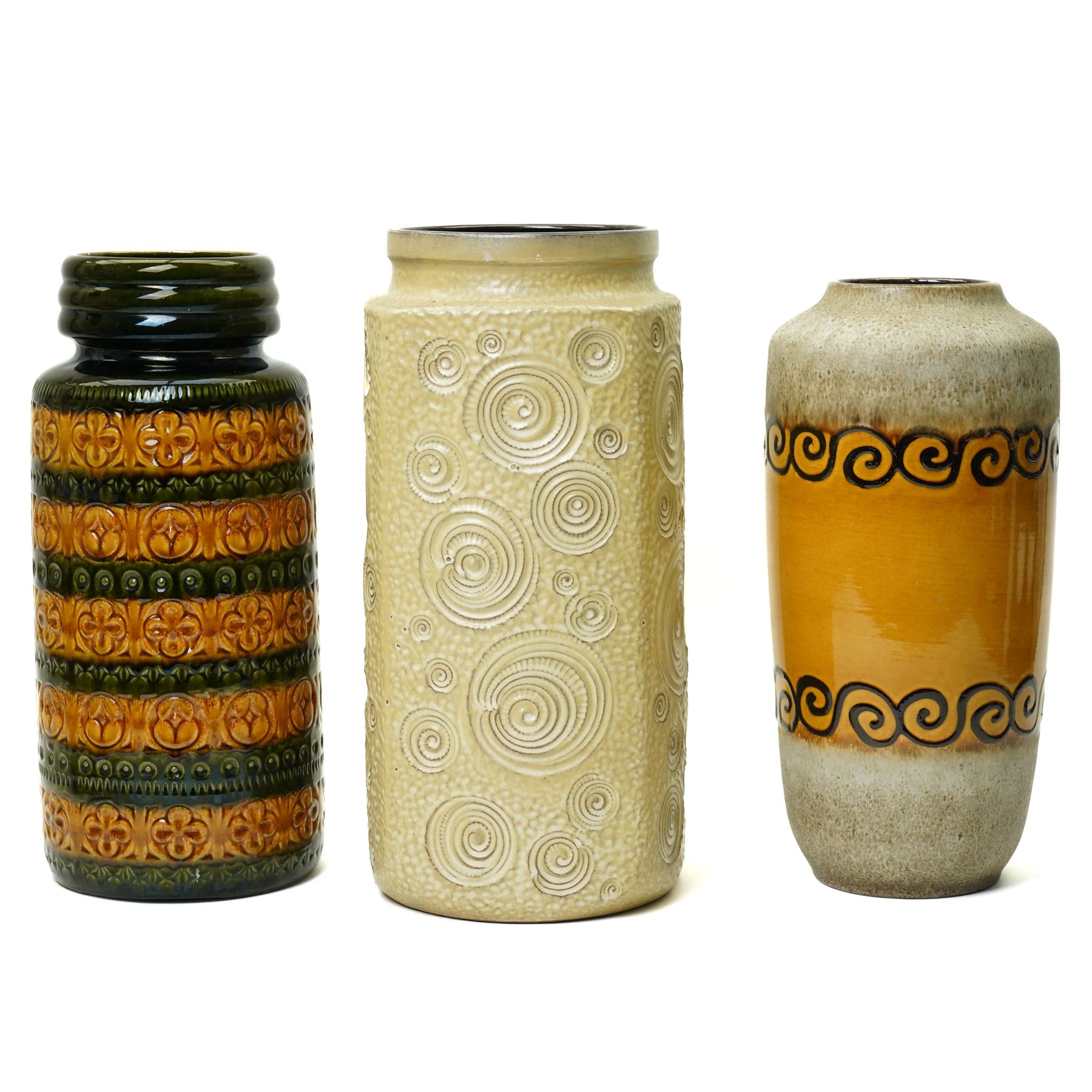 Large West German square section mid-century vase decorated in cream with roundels H49cm and two cylindrical West German vases (3)