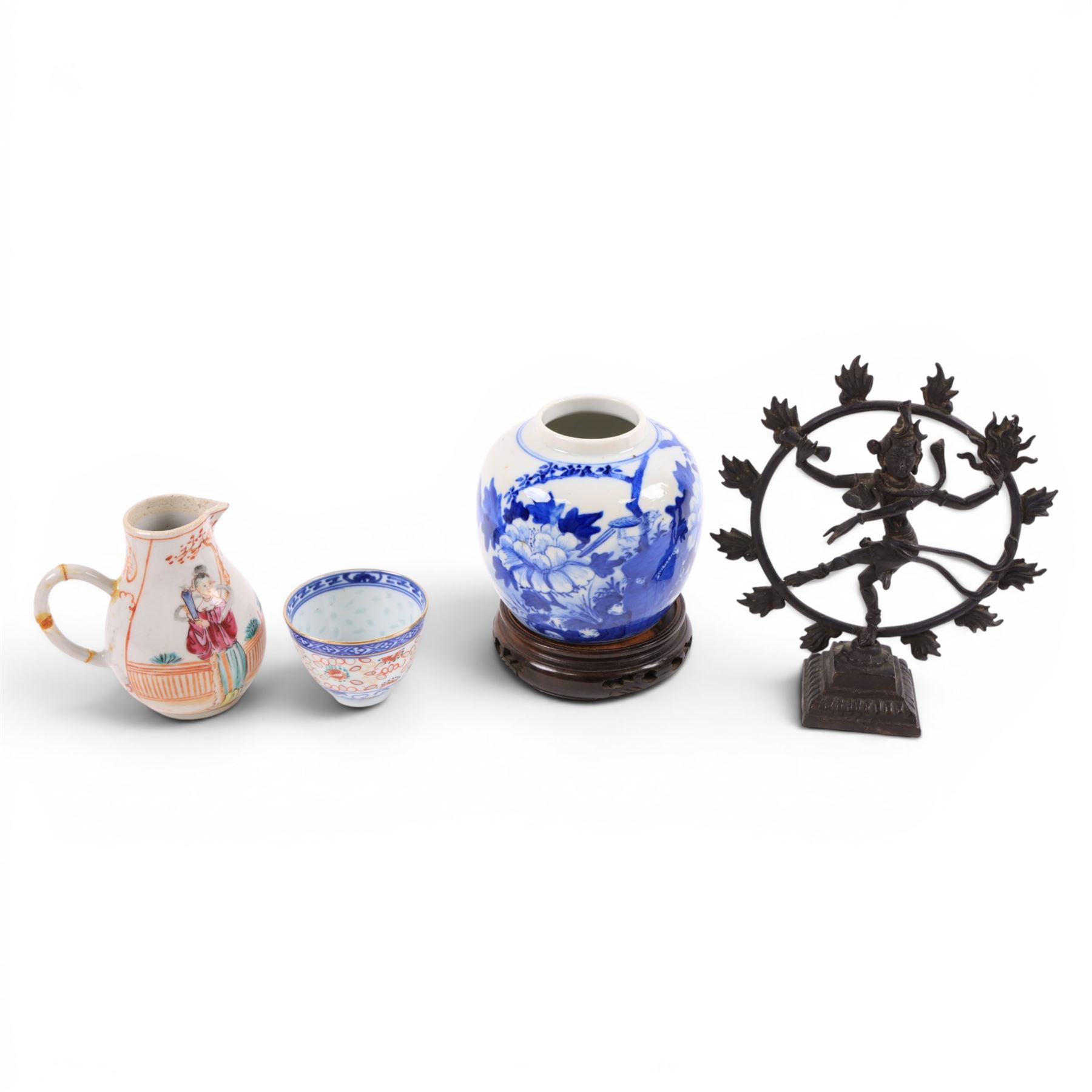 20th century Indian dancing Shiva bronze temple figure, together with Chinese export sparrow beaker jug, ginger jar etc  
