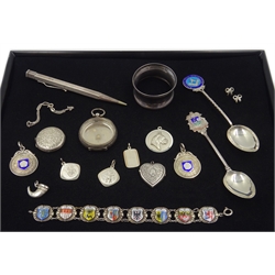  Silver and enamel medals, spoons and bracelet propelling pencil, pendants etc  