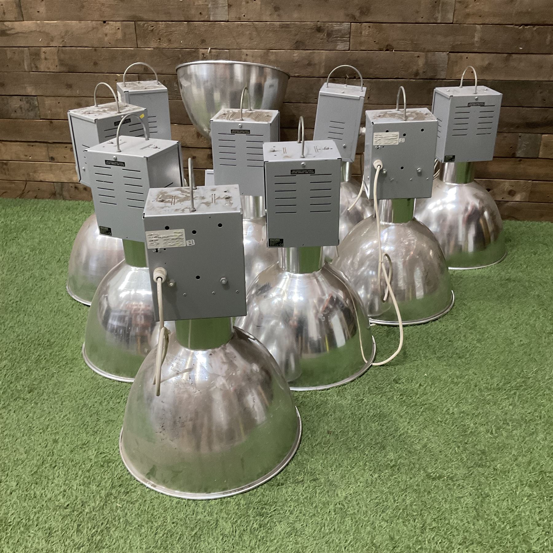 Set of ten Hilclare industrial ceiling hanging lights single phase 