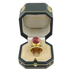 Elizabeth Gage 18ct gold tourmaline and diamond tapered Templar ring, the carved oval pink tourmaline cabochon with a round brilliant cut diamond set either side, the band featuring green guilloche enamel and the edges finished with wire-twist-wire decoration, London 1994, in original box