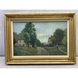 Manner of Thomas Miles Richardson Snr. (British 1784-1848): Lakeside Ruin, watercolour unsigned; English School (Early 20th century): Wooded Landscape and Village Cottages, two oils on canvas, one indistinctly signed max 30cm x 48cm (3)