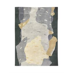 Deirdre Dyson London - 'Birch Tree' abstract rug, shades of grey and green depicting a birch trunk 