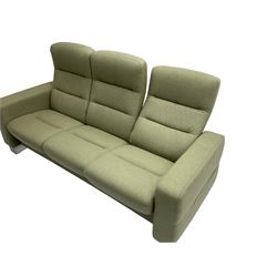 Ekornes Stressless - three seat reclining sofa upholstered in pale green fabric (198cm x 82cm x 100cm), Ekornes Stressless - matching two seat reclining sofa (144cm x 82cm x 100cm), Ekornes Stressless - storage ottoman with hinged seat upholstered in pale green fabric (60cm x 60cm x 42cm)