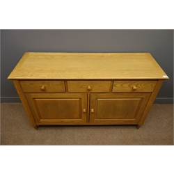  John Lewis solid light oak sideboard, three drawers, two panelled cupboards, W140cm, H86cm, D48cm  