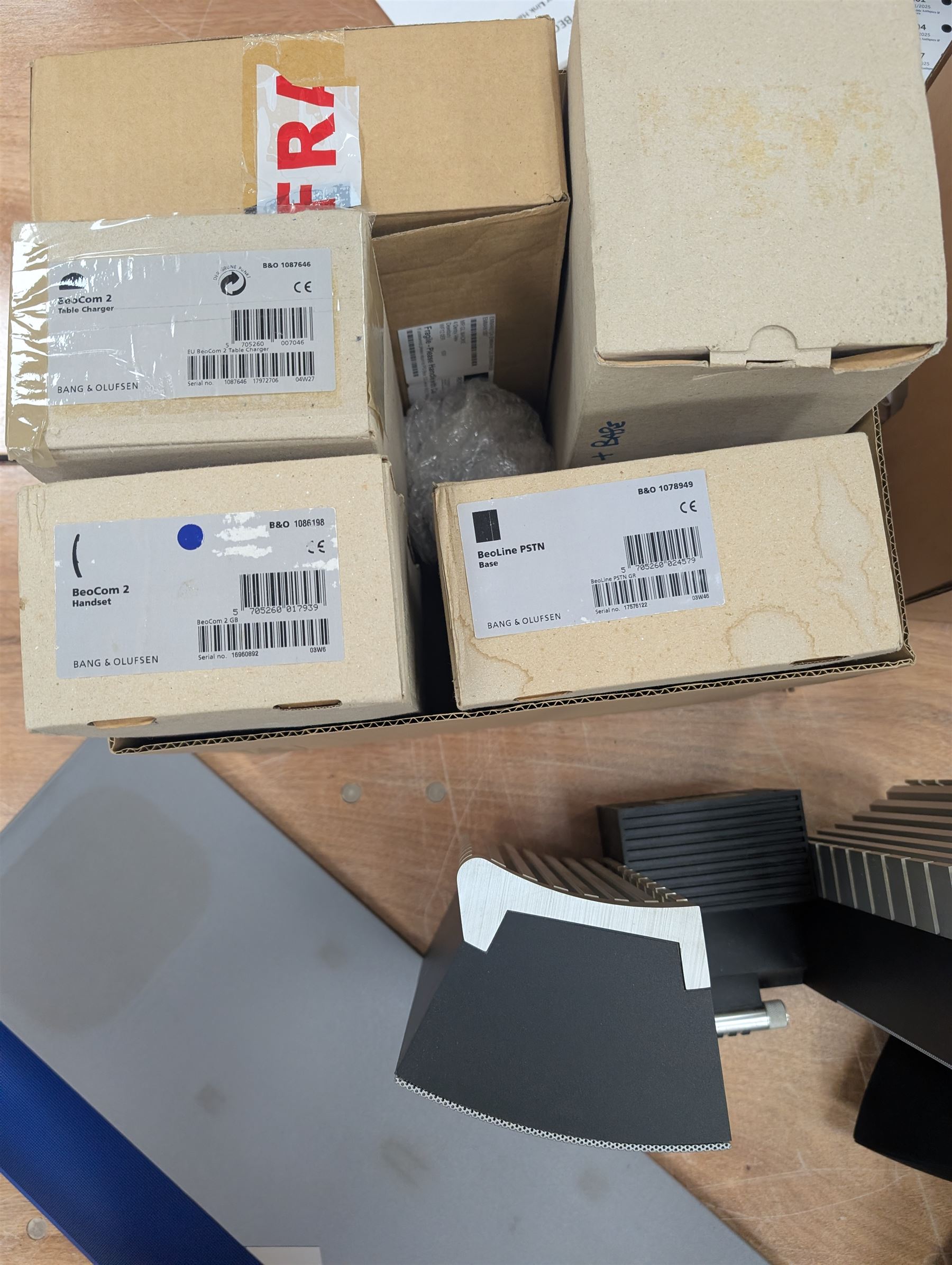 Four Bang & Olufsen Beolab pyramid speakers, Beolab 2000 speakers, two TV frets, phones, etc