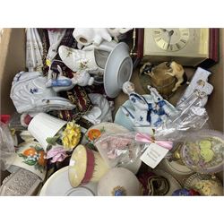 Wedgwood Jasperware biscuit barrel and vase, together with a collection of other ceramics including trinket boxes, flower displays and figures, etc in three boxes