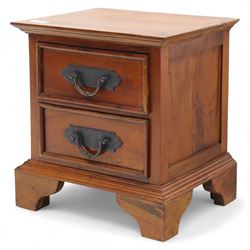 Singapore hardwood bedside chest, rectangular moulded top above two drawers fitted with metal plate handles, on shaped bracket feet