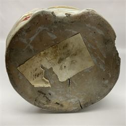 Large Japanese Imari porcelain figure, modelled as a Bijin, wearing a long kimono decorated with apple blossom and leafy branches on a white ground, with gilt detailing, possibly Edo period, H63cm