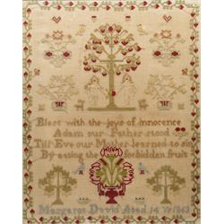 Victorian sampler, by Margaret David 1863, 'Blest with the joys of innocence, Adam our Fat...