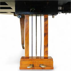 Julius Bluthner-light mahogany overstrung Baby Grand Piano serial No 118183 (1934), with a grand roller action, 88 ivory and ebony keys AO-C7, raised on three square tapered legs with brass castors, adjustable music desk and Lyre with sustain and una-corda pedals, recently (2007) thoroughly restored, case re-finished and polished, action completely overhauled and adjusted with good repetition, frame totally re-strung including copper wound bass strings, new tuning pins, hammer heads, dampers and traditional blue Bluthner string felt, in very good playing condition. With a matching adjustable piano stool fitted with a leather cover. Tuned to concert pitch, A=440.  Complete with key fall lock and key and three castor cups.
This item has been registered for sale under section 10 of the APHA Ivory Act, Reference X76CPCS8