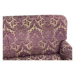 Multi-York - contemporary two-seat sofa, upholstered in damask fabric in shades of burgundy and beige, raised on turned and fluted supports; complete with matching footstool