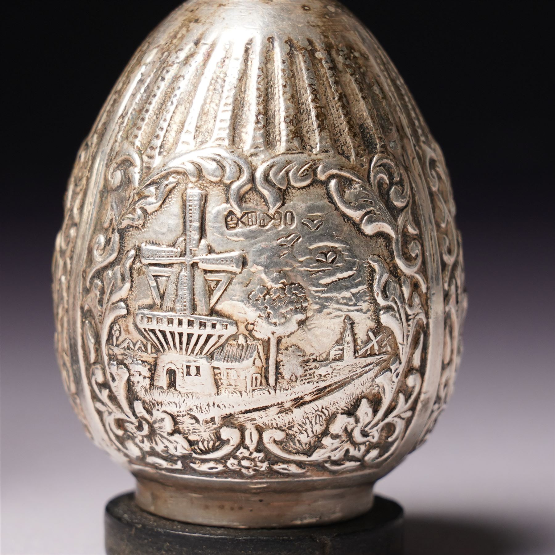 Dutch 90 standard silver salt and pepper pots of ovoid design decorated with windmills etc H6cm