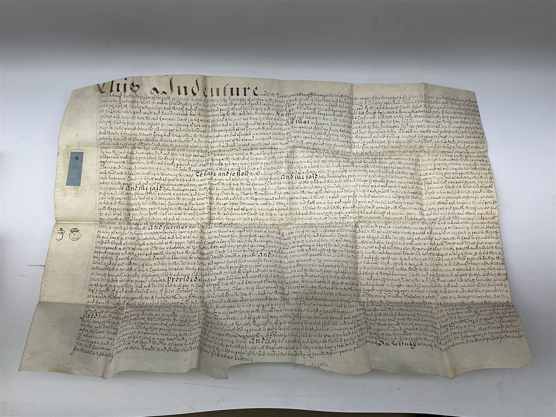 Three 17th/18th century manuscript deeds on vellum relating to properties in Bowling Alley Lane, Hull - one dated 16/12/1689 with seal 44 x 65cm; mortgage dated 20/2/1711 56 x 74cm; and assignment of mortgage dated 5/5/1727 with seal; all folded (3)