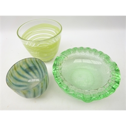  Daum Nancy green glass dish with bubble inclusions and waved rim, signed, D17cm, Sanders & Wallace footed glass vase, signed, H9cm and another art glass vase (2)  