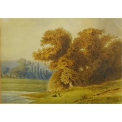  'Scarborough from the Sea', 'Scarborough Castle, from St Mary's Church', 'Scarborough' and 'Mail Changing', four 19th century lithographs hand coloured and  Figures in a Rural Landscape by a Lake, 19th century French school watercolour dated 14 Mai 76, max 43cm x 53cm (5)  