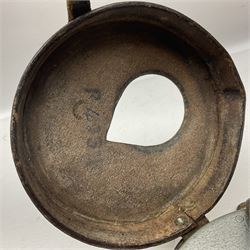 Metal cased drum shaped travelling clock with grey hammered finish, French clockwork movement and stitched leather outer case with shoulder strap; bears manuscript label 'Royal Armament Research and Development Establishment - serial no.09433' D13cm overall