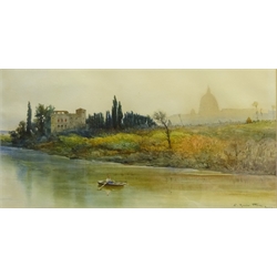  Ettore Roesler Franz (Italian 1845-1907): Italian River scene, watercolour signed and inscribed 'Roma' 28cm x 54cm  