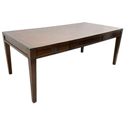 20th century military campaign design oak office or dining table, rectangular top with ebony banding and metal mounted corners, fitted with six drawers with recessed handle plates, on square tapering supports