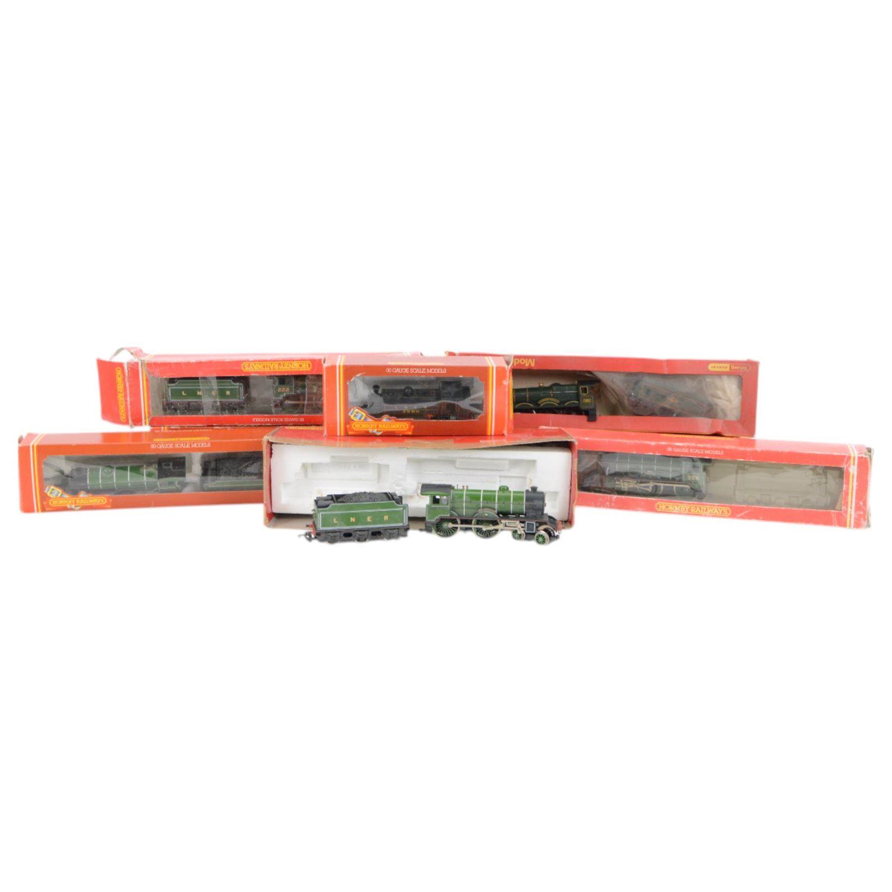 Eight Hornby 00 gauge steam locomotives, including LNER D49 class 4-4-0 'Fitzwilliam' locomotive no. 359, two LNER D49 class 4-4-0 'Berkley' one without tender, Triang R859 Hall Class 4-6-0 'Albert Hall' locomotive and tender no. 4983, R053 LNER B17 Class 'Manchester United' locomotive and tender no. 2862, R861 LNER 0-6-0T J52 class locomotive no. 3980 and Hornby Dublo 2-Rail locomotive and tender 'City of Liverpool', three other Hornby locomotives and a Triang R52 locomotive body, with Hornby boxes some not original