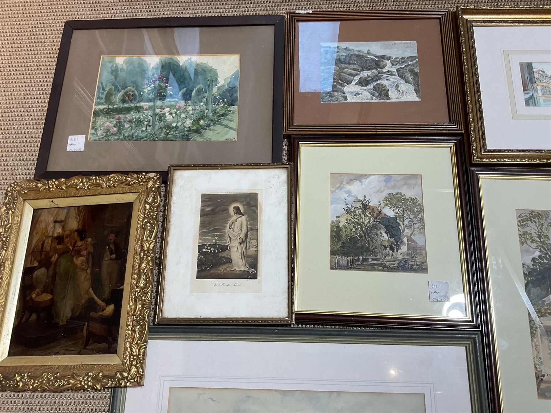 Seven watercolours, crystoleum, three mezzotints, etc