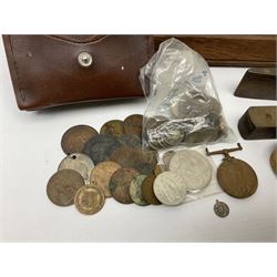 Framed picture of gentleman in military dress, 'killed in action in France' May 3rd 1915, two antique spirit levels, coins in a leather case and other collectables