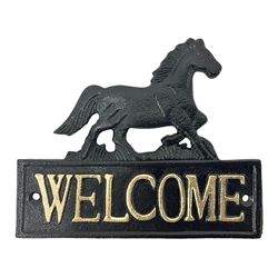 Cast iron Welcome sign with horse, L19cm 
THIS LOT IS TO BE COLLECTED BY APPOINTMENT FROM DUGGLEBY STORAGE, GREAT HILL, EASTFIELD, SCARBOROUGH, YO11 3TX 