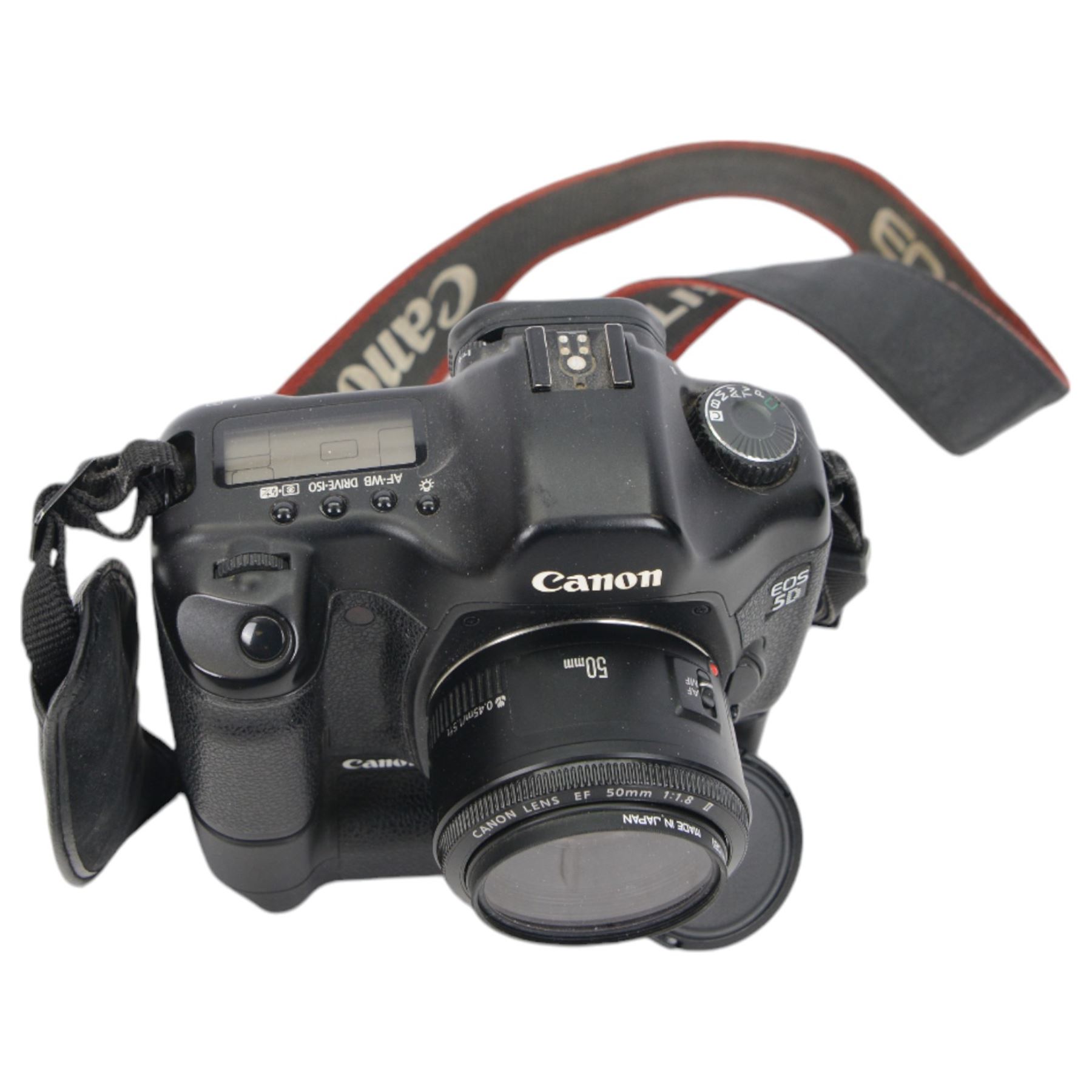 Canon EOS 5D camera body serial no. 0430100905, with shoulder strap, battery grip BG-E4 and Canon 50mm 1.1.8 EF lens serial no.31235679