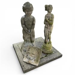 Small cast stone female figure with two fountains and other items