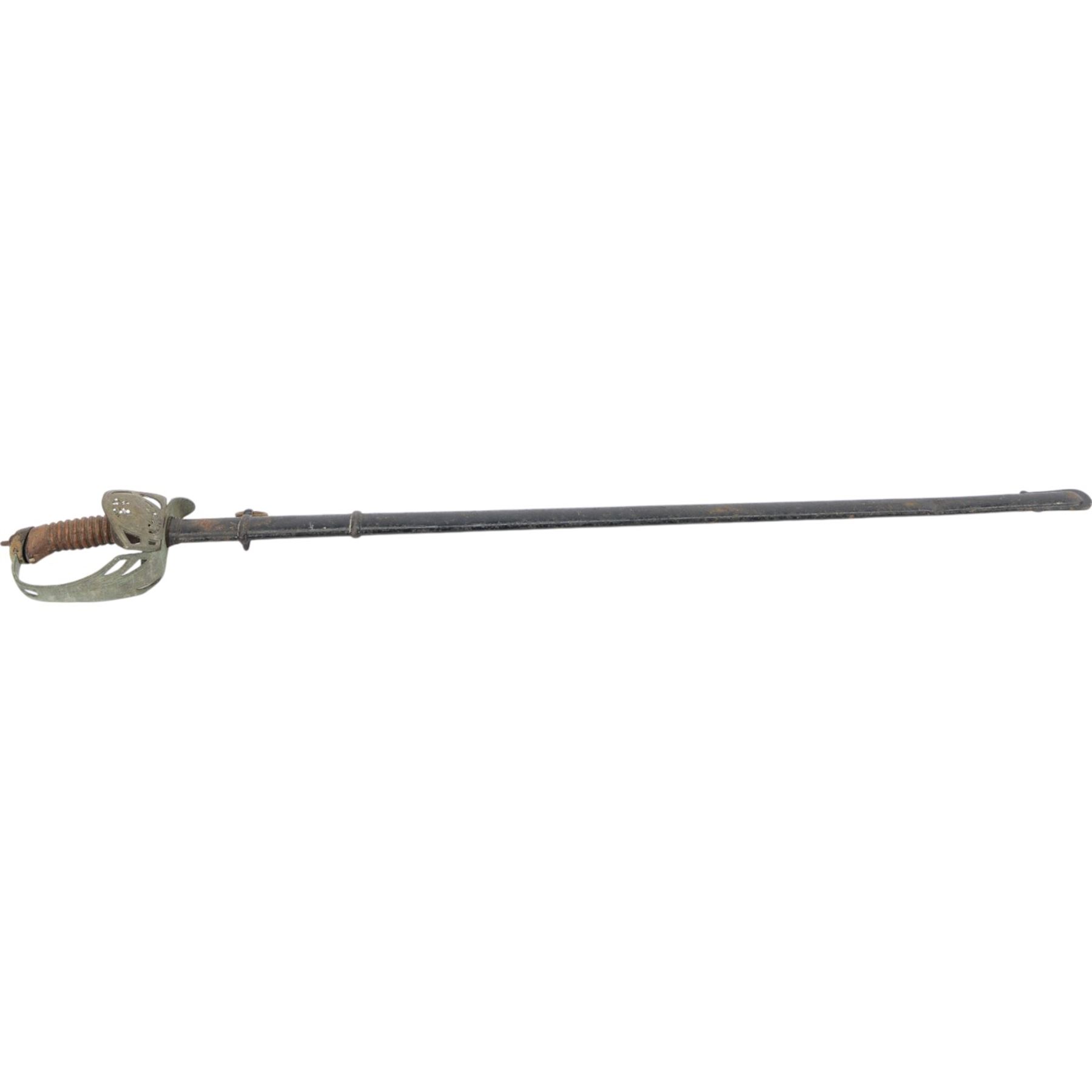 Prussian Cavalry sword Model 1889, with 77cm single edge blade, the folding guard incorporating the Imperial Prussian eagle, stirrup knuckle bow,  in black painted steel scabbard with single suspension ring, overall L94cm 