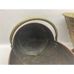 Victorian Benham & Froud Arts and Crafts brass coal scuttle, with Victorian diamond registration mark, together with a copper and brass scuttle of helmet form, tallest H50cm