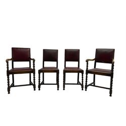 Set four early 20th century oak barley twist dining chairs, upholstered in burgundy leather with stud work, two carvers and two side chairs