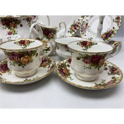 Royal Albert Old Country Roses pattern tea and dinner service for six, comprising teapot, six dinner plates, six six saucers, six side plates, six teacups, sauce boat and stand, sucrier, milk jug, salt and pepper shakers, flower basket, bell and sleeping cat pot pourri