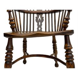 19th century yew wood and elm Windsor armchair, shaped and pierced figured splat back, turned supports with crinoline stretcher