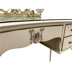 French style cream painted kidney shaped dressing table, triple mirror back, with stool
