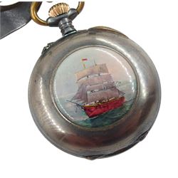 Early 20th century gun metal open face keyless cylinder fob watch with bow hanger, green/blue enamel dial with Arabic numerals and Louis XIV hands, the enamel back case depicting a clipper sailing vessel, case stamped 22902