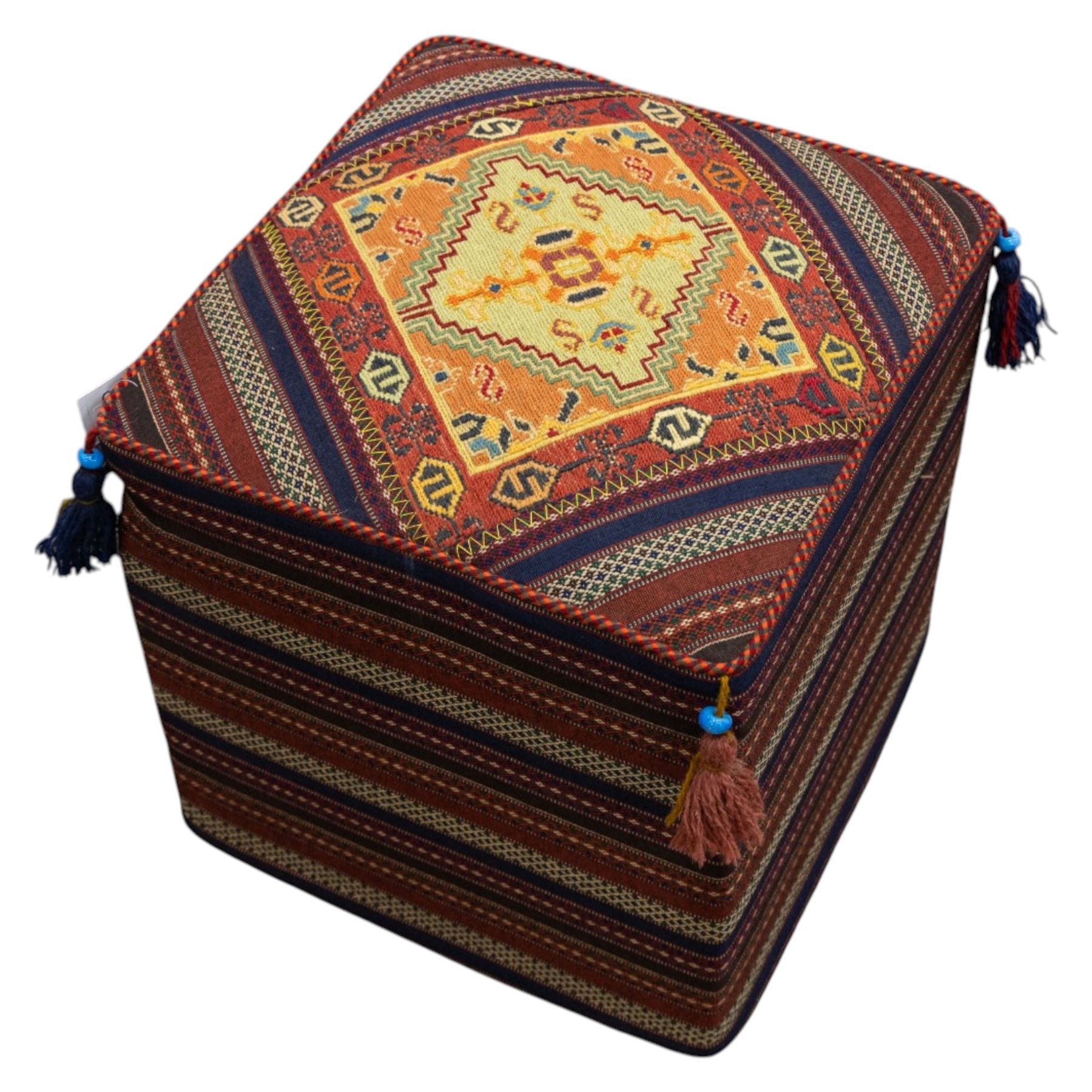 South West Persian Qashqai stool, square flatwoven top with central geometric medallion enclosed within a stepped border the sides decorated with striped bands of geometric motifs with tasselled corners 